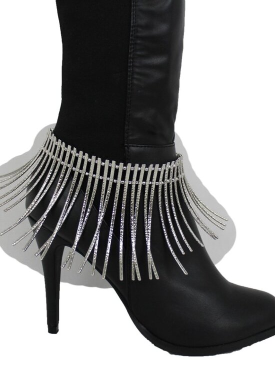 Women Boot Metal Chain Long Silver Bracelet Shoe Anklet Bling African Charm SET main image 8